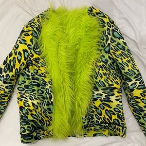 Pretty in punq one of a kind, reversible toxic leopard neon green faux fur coat